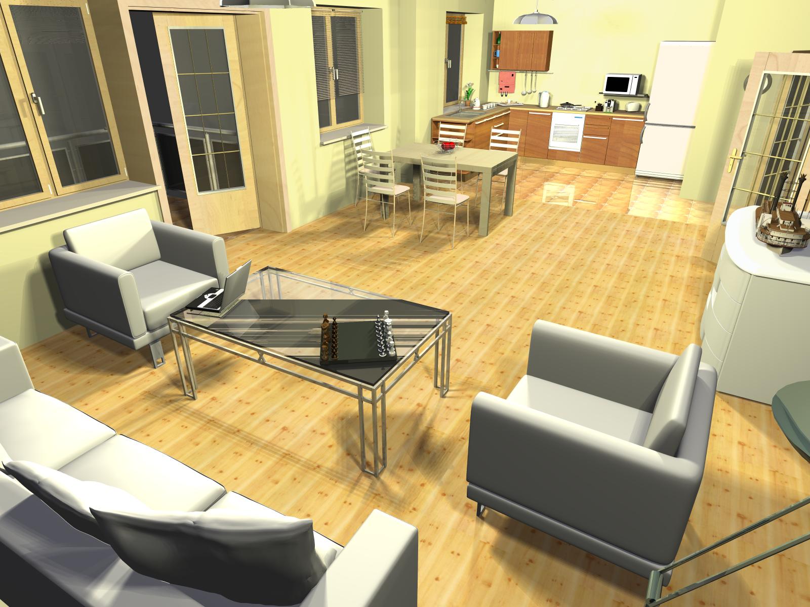 Wizualizacja wnętrza mieszkania z salonem, kuchnią i jadalnią w jasnej kolorystyce. W salonie szara sofa, fotel i stolik kawowy z szachami. Na fotelu otwarty laptop. W tle widoczna kuchnia...